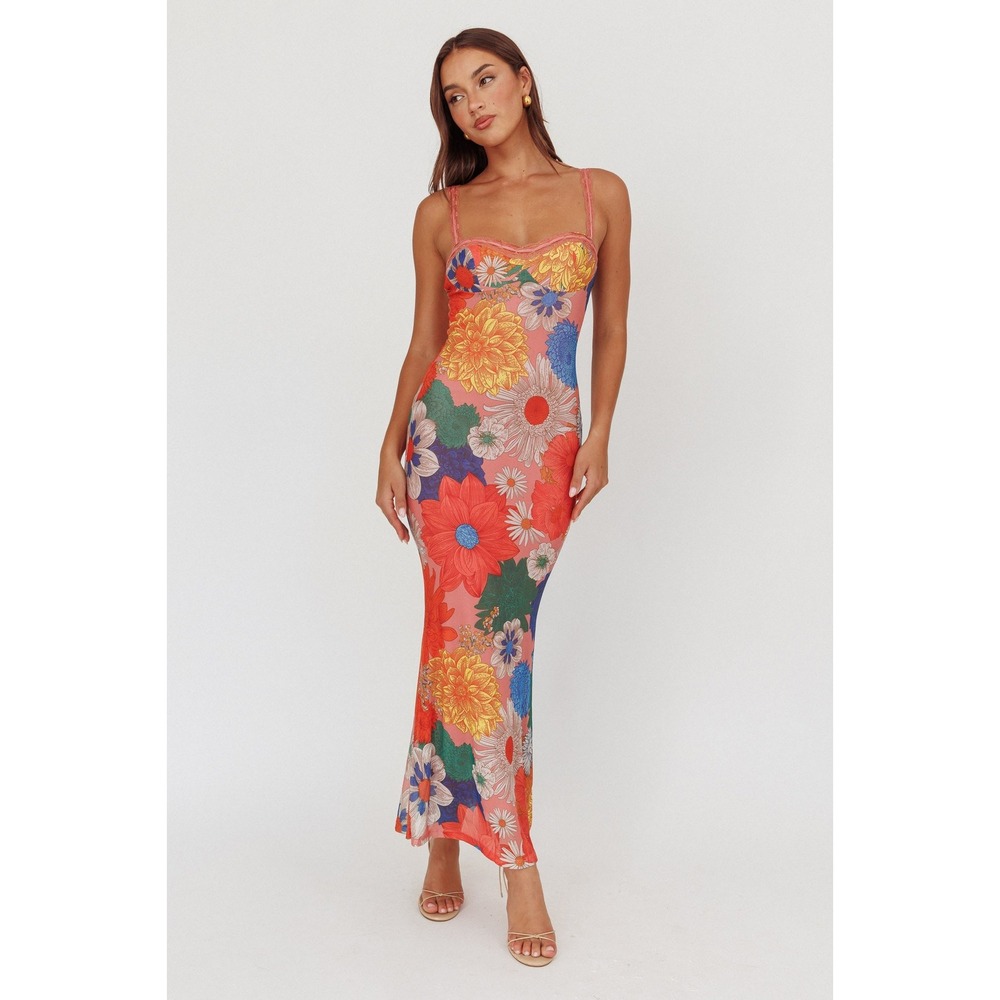Selfie Leslie Girl Power Lace Strap Floral Maxi Dress Orange XS